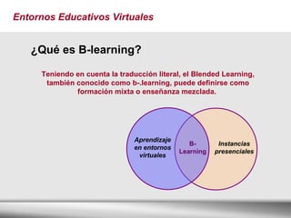 Entornos Educativos Virtuales ¿Qué es B-learning? Teniendo en cuenta la traducción literal, el Blended Learning, también conocido como b-.learning, puede definirse como formación mixta o enseñanza mezclada.   Instancias presenciales Aprendizaje en entornos virtuales B-Learning 