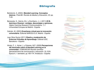 Bibliografía Bartolomé, A.   (2004).  Blended Learning. Conceptos básicos .  Píxel-Bit. Revista de Medios y Educación,  23; pp. 7-20. Bemposta, S., García, M.J. y Escribano, J. J. (2011)  El B-learning a Examen: ventajas, desventajas y opiniones .  Higher Learning Research Communications.  1; I .  Universidad Europea de Madrid - España Cebrián, M. (2003)  Enseñanza virtual para la innovación universitaria . Editorial NARCEA S.A. Madrid - España  Juan Silva Quiroz (2011)  Diseño y moderación de Entornos Virtuales de Aprendizaje . Editoral UOC. Barcelona – España Hinojo, F. J., Aznar, I. y Cáceres, M.P. (2009)  Percepciones del alumnado sobre el blended Learning en la universidad .  COMUNICAR Revista científica iberoamericana de comunicación y educación . 33; XVII; Época II, 1 semestre, pp 165-174. Andalucía – España 