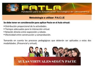 Metodología a utilizar: P.A.C.I.E

Se debe tener en consideración para aplicar Pacie en el Aula virtual:
 Distribución proporcional de la actividades.
 Tiempos adecuados para la interacción virtual.
 Relación directa entre exposición y rebote.
 Efectividad entre construcción y comprobación.

Tomando en cuenta los procesos pedagógicos que deberán ser aplicados a estas dos
modalidades. (Presencial y virtual).
 