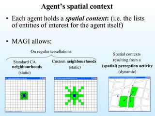 Agent’s spatial context Each agent holds a  spatial context :  (i.e. the lists of entities of interest for the agent itself) MAGI allows: Standard CA  neighbourhoods   (static) Spatial contexts  resulting from a  (spatial) perception activity (dynamic) Custom  neighbourhoods   (static) On regular tessellations 
