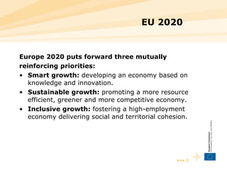 EU 2020 Europe 2020 puts forward three mutually reinforcing priorities:  Smart growth:  developing an economy based on knowledge and innovation.   Sustainable growth:  promoting a more resource efficient, greener and more competitive economy.  Inclusive growth:  fostering a high-employment economy delivering social and territorial cohesion.  