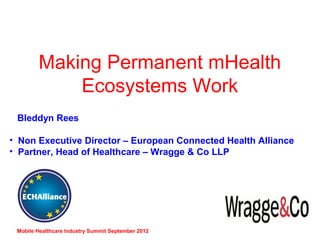 Making Permanent mHealth
            Ecosystems Work
 Bleddyn Rees

• Non Executive Director – European Connected Health Alliance
• Partner, Head of Healthcare – Wragge & Co LLP




 Mobile Healthcare Industry Summit September 2012
 