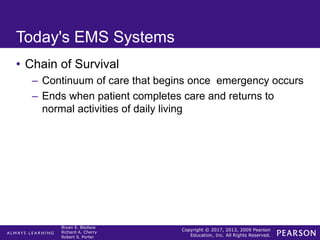 Copyright © 2017, 2013, 2009 Pearson
Education, Inc. All Rights Reserved.
Bryan E. Bledsoe
Richard A. Cherry
Robert S. Porter
Today's EMS Systems
• Chain of Survival
– Continuum of care that begins once emergency occurs
– Ends when patient completes care and returns to
normal activities of daily living
 