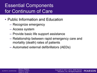Copyright © 2017, 2013, 2009 Pearson
Education, Inc. All Rights Reserved.
Bryan E. Bledsoe
Richard A. Cherry
Robert S. Porter
Essential Components
for Continuum of Care
• Public Information and Education
– Recognize emergency
– Access system
– Provide basic life support assistance
– Relationship between rapid emergency care and
mortality (death) rates of patients
– Automated external defibrillators (AEDs)
 
