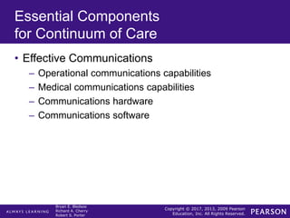 Copyright © 2017, 2013, 2009 Pearson
Education, Inc. All Rights Reserved.
Bryan E. Bledsoe
Richard A. Cherry
Robert S. Porter
Essential Components
for Continuum of Care
• Effective Communications
– Operational communications capabilities
– Medical communications capabilities
– Communications hardware
– Communications software
 