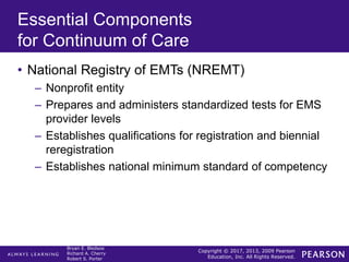 Copyright © 2017, 2013, 2009 Pearson
Education, Inc. All Rights Reserved.
Bryan E. Bledsoe
Richard A. Cherry
Robert S. Porter
Essential Components
for Continuum of Care
• National Registry of EMTs (NREMT)
– Nonprofit entity
– Prepares and administers standardized tests for EMS
provider levels
– Establishes qualifications for registration and biennial
reregistration
– Establishes national minimum standard of competency
 