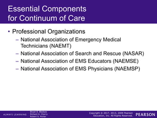 Copyright © 2017, 2013, 2009 Pearson
Education, Inc. All Rights Reserved.
Bryan E. Bledsoe
Richard A. Cherry
Robert S. Porter
Essential Components
for Continuum of Care
• Professional Organizations
– National Association of Emergency Medical
Technicians (NAEMT)
– National Association of Search and Rescue (NASAR)
– National Association of EMS Educators (NAEMSE)
– National Association of EMS Physicians (NAEMSP)
 