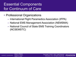 Copyright © 2017, 2013, 2009 Pearson
Education, Inc. All Rights Reserved.
Bryan E. Bledsoe
Richard A. Cherry
Robert S. Porter
Essential Components
for Continuum of Care
• Professional Organizations
– International Flight Paramedics Association (IFPA)
– National EMS Management Association (NEMSMA)
– National Council of State EMS Training Coordinators
(NCSEMSTC)
 