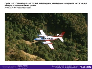 Copyright © 2017, 2013, 2009 Pearson
Education, Inc. All Rights Reserved.
Bryan E. Bledsoe
Richard A. Cherry
Robert S. Porter
Figure 2-12 Fixed-wing aircraft, as well as helicopters, have become an important part of patient
transport in the modern EMS system.
(© REACH Air Medical Services)
 