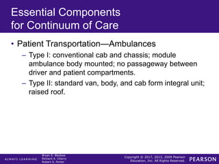 Copyright © 2017, 2013, 2009 Pearson
Education, Inc. All Rights Reserved.
Bryan E. Bledsoe
Richard A. Cherry
Robert S. Porter
Essential Components
for Continuum of Care
• Patient Transportation—Ambulances
– Type I: conventional cab and chassis; module
ambulance body mounted; no passageway between
driver and patient compartments.
– Type II: standard van, body, and cab form integral unit;
raised roof.
 