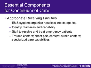 Copyright © 2017, 2013, 2009 Pearson
Education, Inc. All Rights Reserved.
Bryan E. Bledsoe
Richard A. Cherry
Robert S. Porter
Essential Components
for Continuum of Care
• Appropriate Receiving Facilities
– EMS systems organize hospitals into categories
– Identify readiness and capability
– Staff to receive and treat emergency patients
– Trauma centers; chest pain centers; stroke centers;
specialized care capabilities
 