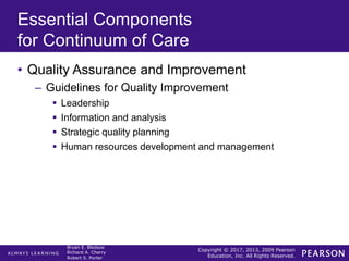 Copyright © 2017, 2013, 2009 Pearson
Education, Inc. All Rights Reserved.
Bryan E. Bledsoe
Richard A. Cherry
Robert S. Porter
Essential Components
for Continuum of Care
• Quality Assurance and Improvement
– Guidelines for Quality Improvement
 Leadership
 Information and analysis
 Strategic quality planning
 Human resources development and management
 