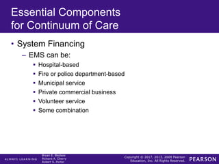 Copyright © 2017, 2013, 2009 Pearson
Education, Inc. All Rights Reserved.
Bryan E. Bledsoe
Richard A. Cherry
Robert S. Porter
Essential Components
for Continuum of Care
• System Financing
– EMS can be:
 Hospital-based
 Fire or police department-based
 Municipal service
 Private commercial business
 Volunteer service
 Some combination
 