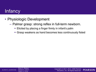 Copyright © 2017, 2013, 2009 Pearson
Education, Inc. All Rights Reserved.
Bryan E. Bledsoe
Richard A. Cherry
Robert S. Porter
Infancy
• Physiologic Development
– Palmar grasp: strong reflex in full-term newborn.
 Elicited by placing a finger firmly in infant's palm
 Grasp weakens as hand becomes less continuously fisted
 