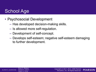 Copyright © 2017, 2013, 2009 Pearson
Education, Inc. All Rights Reserved.
Bryan E. Bledsoe
Richard A. Cherry
Robert S. Porter
School Age
• Psychosocial Development
– Has developed decision-making skills.
– Is allowed more self-regulation.
– Development of self-concept.
– Develops self-esteem; negative self-esteem damaging
to further development.
 