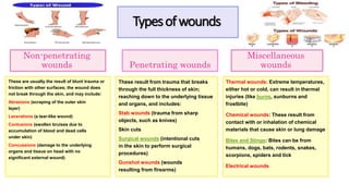 Typesofwounds
Non-penetrating
wounds
These are usually the result of blunt trauma or
friction with other surfaces; the wound does
not break through the skin, and may include:
Abrasions (scraping of the outer skin
layer)
Lacerations (a tear-like wound)
Contusions (swollen bruises due to
accumulation of blood and dead cells
under skin)
Concussions (damage to the underlying
organs and tissue on head with no
significant external wound)
Penetrating wounds
These result from trauma that breaks
through the full thickness of skin;
reaching down to the underlying tissue
and organs, and includes:
Stab wounds (trauma from sharp
objects, such as knives)
Skin cuts
Surgical wounds (intentional cuts
in the skin to perform surgical
procedures)
Gunshot wounds (wounds
resulting from firearms)
Miscellaneous
wounds
Thermal wounds: Extreme temperatures,
either hot or cold, can result in thermal
injuries (like burns, sunburns and
frostbite)
Chemical wounds: These result from
contact with or inhalation of chemical
materials that cause skin or lung damage
Bites and Stings: Bites can be from
humans, dogs, bats, rodents, snakes,
scorpions, spiders and tick
Electrical wounds
 