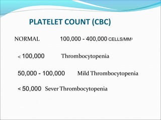 PLATELET COUNT (CBC)
NORMAL 100,000 - 400,000 CELLS/MM3
< 100,000 Thrombocytopenia
50,000 - 100,000 Mild Thrombocytopenia
< 50,000 Sever Thrombocytopenia
 
