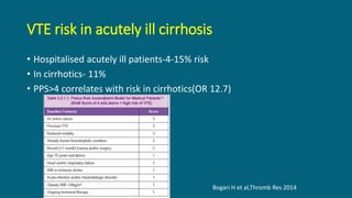 VTE risk in acutely ill cirrhosis
• Hospitalised acutely ill patients-4-15% risk
• In cirrhotics- 11%
• PPS>4 correlates with risk in cirrhotics(OR 12.7)
Bogari H et al,Thromb Res 2014
 