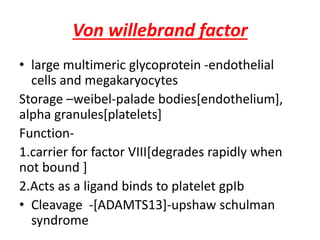 Von willebrand factor
• large multimeric glycoprotein -endothelial
cells and megakaryocytes
Storage –weibel-palade bodies[endothelium],
alpha granules[platelets]
Function-
1.carrier for factor VIII[degrades rapidly when
not bound ]
2.Acts as a ligand binds to platelet gpIb
• Cleavage -[ADAMTS13]-upshaw schulman
syndrome
 