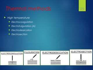 Thermal methods
 High temperature
 Electrocoagulation
 Electrofulguration (A)
 Electrodessication
 Electrosection
29
 