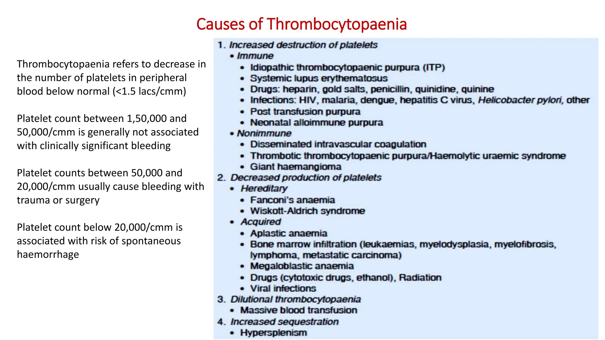 Causes of Thrombocytopaenia
Thrombocytopaenia refers to decrease in
the number of platelets in peripheral
blood below normal (<1.5 lacs/cmm)
Platelet count between 1,50,000 and
50,000/cmm is generally not associated
with clinically significant bleeding
Platelet counts between 50,000 and
20,000/cmm usually cause bleeding with
trauma or surgery
Platelet count below 20,000/cmm is
associated with risk of spontaneous
haemorrhage
 