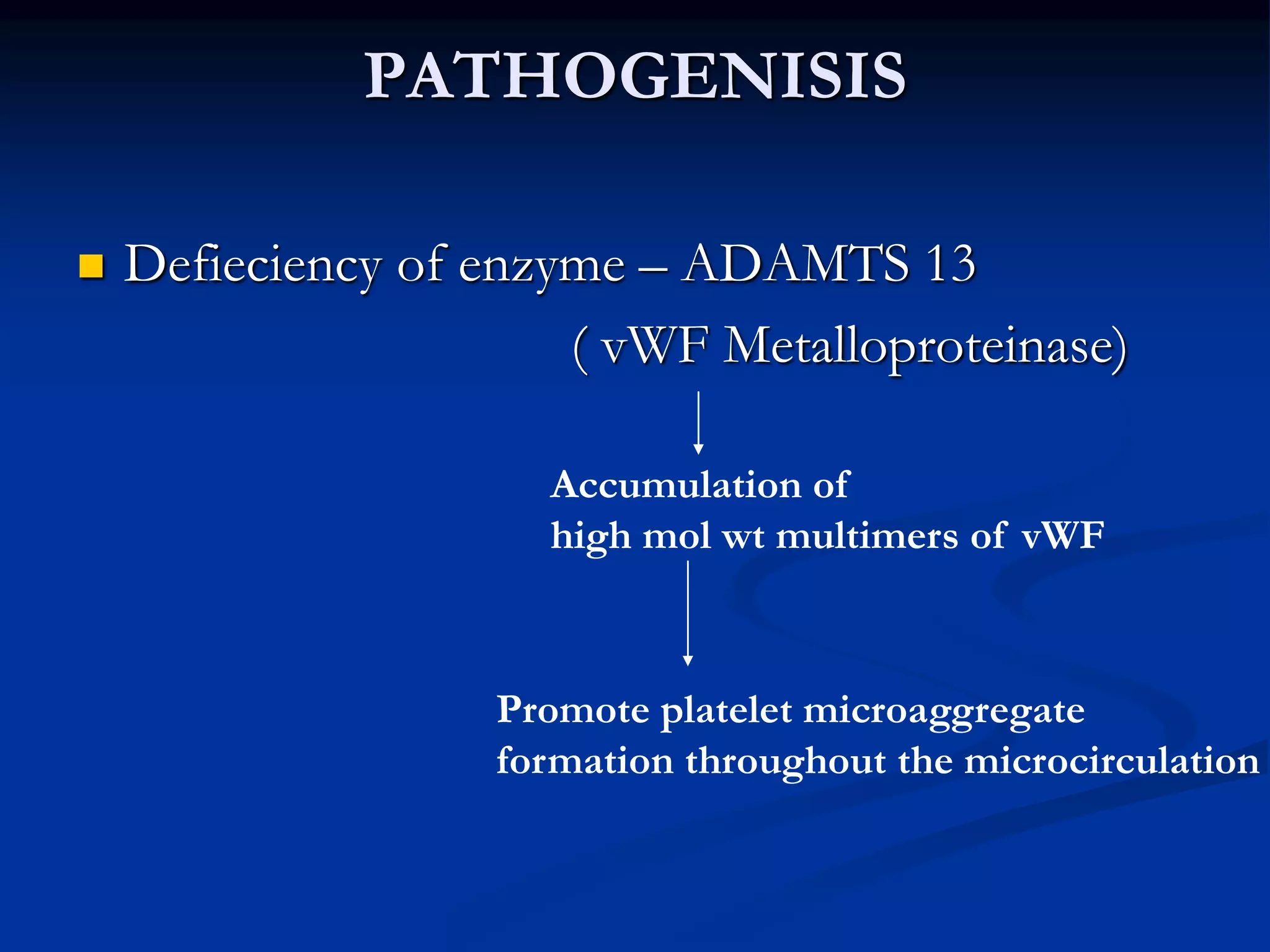 PATHOGENISIS
 Defieciency of enzyme – ADAMTS 13
( vWF Metalloproteinase)
Accumulation of
high mol wt multimers of vWF
Promote platelet microaggregate
formation throughout the microcirculation
 