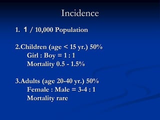 Incidence
1. 1 / 10,000 Population
2.Children (age < 15 yr.) 50%
Girl : Boy = 1 : 1
Mortality 0.5 - 1.5%
3.Adults (age 20-40 yr.) 50%
Female : Male = 3-4 : 1
Mortality rare
 