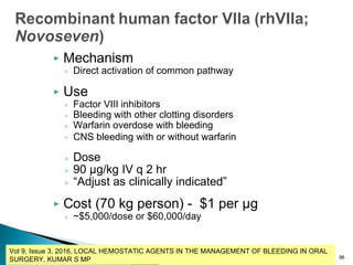  Mechanism
◦ Direct activation of common pathway
 Use
◦ Factor VIII inhibitors
◦ Bleeding with other clotting disorders
◦ Warfarin overdose with bleeding
◦ CNS bleeding with or without warfarin
◦ Dose
◦ 90 µg/kg IV q 2 hr
◦ “Adjust as clinically indicated”
 Cost (70 kg person) - $1 per µg
◦ ~$5,000/dose or $60,000/day
96
Vol 9, Issue 3, 2016, LOCAL HEMOSTATIC AGENTS IN THE MANAGEMENT OF BLEEDING IN ORAL
SURGERY, KUMAR S MP
 