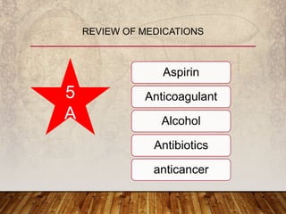 Aspirin
Anticoagulant
Alcohol
Antibiotics
anticancer
REVIEW OF MEDICATIONS
5
A
 