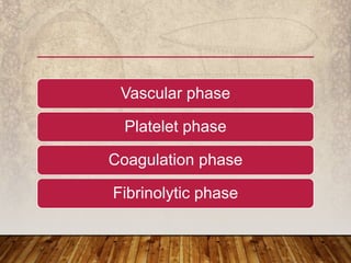 Vascular phase
Platelet phase
Coagulation phase
Fibrinolytic phase
 