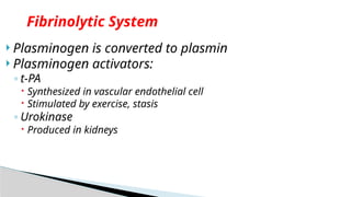  Plasminogen is converted to plasmin
 Plasminogen activators:
◦ t-PA
 Synthesized in vascular endothelial cell
 Stimulated by exercise, stasis
◦ Urokinase
 Produced in kidneys
Fibrinolytic System
 
