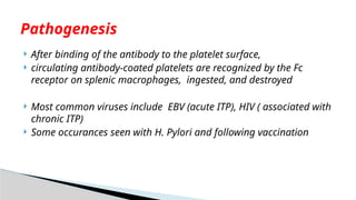  After binding of the antibody to the platelet surface,
 circulating antibody-coated platelets are recognized by the Fc
receptor on splenic macrophages, ingested, and destroyed
 Most common viruses include EBV (acute ITP), HIV ( associated with
chronic ITP)
 Some occurances seen with H. Pylori and following vaccination
Pathogenesis
 