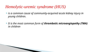  is a common cause of community-acquired acute kidney injury in
young children.
 It is the most common form of thrombotic microangiopathy (TMA)
in children
Hemolytic-uremic syndrome (HUS)
 