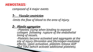 composed of 4 major events
1- Vascular constriction
-limits the flow of blood to the area of injury.
2- Platelet aggregation
–Platelets clump when binding to exposed
collagen following rupture of the endothelial
lining of vessels.
-Platelets become activated and aggregate at the
site of injury (thrombin and fibrinogen-mediated
effects). Upon activation, platelets release ADP
and TXA2 (which activate additional platelets).
HEMOSTASIS:
 