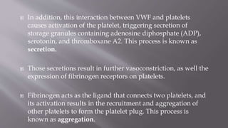  In addition, this interaction between VWF and platelets
causes activation of the platelet, triggering secretion of
storage granules containing adenosine diphosphate (ADP),
serotonin, and thromboxane A2. This process is known as
secretion.
 Those secretions result in further vasoconstriction, as well the
expression of fibrinogen receptors on platelets.
 Fibrinogen acts as the ligand that connects two platelets, and
its activation results in the recruitment and aggregation of
other platelets to form the platelet plug. This process is
known as aggregation.
 