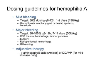 Dosing guidelines for hemophilia A
• Mild bleeding
– Target: 30% dosing q8-12h; 1-2 days (15U/kg)
– Hemarthrosis, oropharyngeal or dental, epistaxis,
hematuria
• Major bleeding
– Target: 80-100% q8-12h; 7-14 days (50U/kg)
– CNS trauma, hemorrhage, lumbar puncture
– Surgery
– Retroperitoneal hemorrhage
– GI bleeding
• Adjunctive therapy
– -aminocaproic acid (Amicar) or DDAVP (for mild
disease only)
 
