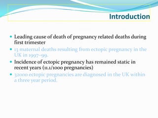 Introduction

 Leading cause of death of pregnancy related deaths during
  first trimester
 13 maternal deaths resulting from ectopic pregnancy in the
  UK in 1997–99.
 Incidence of ectopic pregnancy has remained static in
  recent years (11.1/1000 pregnancies)
 32000 ectopic pregnancies are diagnosed in the UK within
  a three year period.
 