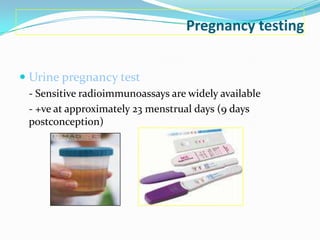 Pregnancy testing


 Urine pregnancy test
 - Sensitive radioimmunoassays are widely available
 - +ve at approximately 23 menstrual days (9 days
 postconception)
 