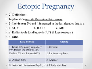 Ectopic Pregnancy
• 2- Definition:
• Implantation outside the endometrial cavity
• 3- Incidence: 2% and it increased in the last decades due to :
• a. STDS b. IUCD c. ART
• d. Earlier tools for diagnosis ( U/S & Laparoscopy )
• 4- Sites:
Extra Uterine Uterine
1- Tubal 98% mostly ampullary
80% then in the isthmus 12%,
1- Cervical
Fimbria 5%,and Interstitial 3% 2- Rudimentary horn
2- Ovarian 0.5% 3- Angular
3- Peritoneal ( Abdominal 1ry, 2ry) 4- Intraligamentary
 