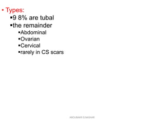 • Types:
9 8% are tubal
the remainder
Abdominal
Ovarian
Cervical
rarely in CS scars
ABOUBAKR ELNASHAR
 