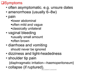 Symptoms
• often asymptomatic. e.g. unsure dates
• amenorrhoea (usually 6–8w)
• pain
lower abdominal
often mild and vague
classically unilateral
• vaginal bleeding
usually small amount
often brown
• diarrhoea and vomiting
should never be ignored
• dizziness and light-headedness
• shoulder tip pain
{diaphragmatic irritation—haemoperitoneum}
• collapse (if ruptured).ABOUBAKR ELNASHAR
 