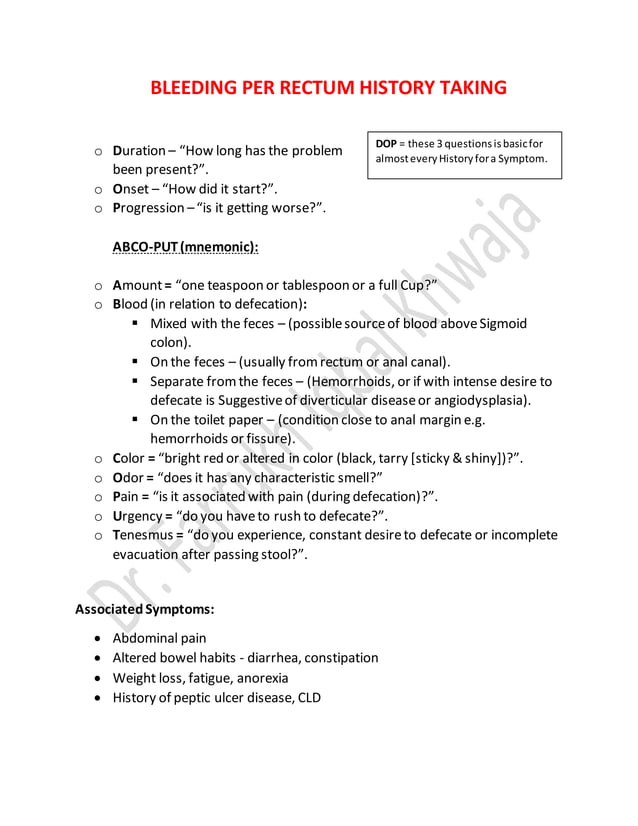 Bleeding per rectum history taking PDF