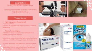 Diagnóstico
Tratamiento
Higiene palpebral (fundamental):
Compresas tibias.
Limpieza de pestañas con champú neutro o toallitas
específicas.
Terapia farmacológica:
Antibióticos tópicos: ungüentos de eritromicina o
bacitracina (en brotes agudos).
Antibióticos orales (doxiciclina, azitromicina) en casos
crónicos con disfunción de glándulas de Meibomio.
Lágrimas artificiales para mejorar la película lagrimal.
Corticoides tópicos suaves (solo en inflamaciones
severas y bajo control oftalmológico).
Clínico con lámpara de hendidura.
En casos resistentes: cultivo de secreción
palpebral/conjuntival.
 