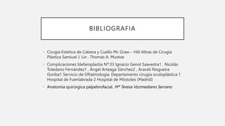 BIBLIOGRAFIA
• Cirugia Estetica de Cabeza y Cuello Mc Graw – Hill Altras de Cirugía
Plástica Samiuel J. Lin . Thomas A. Mustoe
• Complicaciones blefaroplastia Nº:33 Ignacio Genol Saavedra1 , Nicolás
Toledano Fernández1 , Ángel Arteaga Sánchez2 , Araceli Nogueira
Goriba1 Servicio de Oftalmología. Departamento cirugía oculoplástica 1
Hospital de Fuenlabrada 2 Hospital de Móstoles (Madrid)
• Anatomía quirúrgica palpebrofacial. Mª Teresa Vozmediano Serrano
 