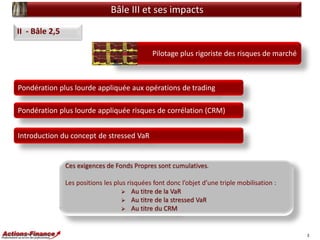 Bâle III et ses impacts
II - Bâle 2,5
Pilotage plus rigoriste des risques de marché

Pondération plus lourde appliquée aux...