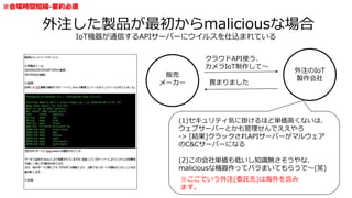 外注した製品が最初からmaliciousな場合
IoT機器が通信するAPIサーバーにウイルスを仕込まれている
※会場時間短縮-要約必須
販売
メーカー
外注のIoT
製作会社
クラウドAPI使う、
カメラIoT制作して～
畏まりました
(1)セキュリティ気に掛けるほど単価高くないは、
ウェブサーバーとかも管理せんでええやろ
-> [結果]クラックされAPIサーバーがマルウェア
のC&Cサーバーになる
(2)この会社単価も低いし知識無さそうやな、
maliciousな機器作ってバラまいてもらうで～(笑)
※ここでいう外注(委託先)は海外を含み
ます。
 