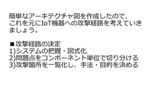 簡単なアーキテクチャ図を作成したので、
これを元にIoT機器への攻撃経路を考えていき
ましょう。
■攻撃経路の決定
1)システムの把握・図式化
2)問題点をコンポーネント単位で切り分ける
3)攻撃箇所を一覧化し、手法・目的を決める
 
