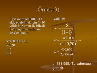 Örnek(3)
6 yıl sonra 400.000.-TL
elde edebilmek için % 20
yıllık faiz oranı ile bileşik
faiz bugün yatırılması
gereken para;
S=400.000.-TL
i=0,20
n=6
a=?

Çözüm:

S
a=
n
(1+i)
a=

400.000
6

(1+ 0,20)

⇒

400.000
a=
2,985984

a=133.959.-TL yatırması
gerekir

 
