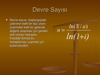 Devre Sayısı


Devre sayısı, başlangıçtaki
yatırımın belli bir faiz oranı
üzerinden belli bir gelecek
değere ulaşması için gerekli
olan süreyi hesaplar.
Yandaki formül bu
hesaplamayı yapmak için
kullanılacaktır.

n=

ln( S / a )

ln(1+i)

 