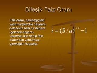 Bileşik Faiz Oranı
Faiz oranı, başlangıçtaki
yatırımın(şimdiki değerin)
gelecekte belli bir değere
(gelecek değere)
ulaşması için hangi faiz
oranından yatırılması
gerektiğini hesaplar.

1/ n

i = ( S / a) − 1

 